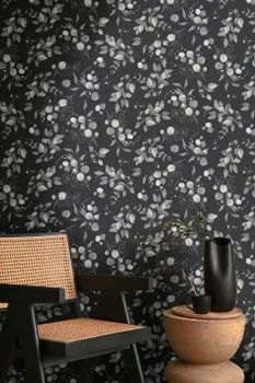 Aquarell-Tapete mit Blüten Schwarz Silber | 397685