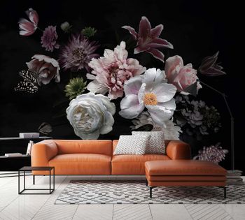Schwarze Blumen-Tapete in 3D-Optik