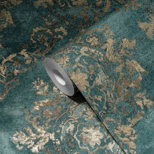 Vintage Barock-Tapete Schimmernd Petrol Gold | 387073