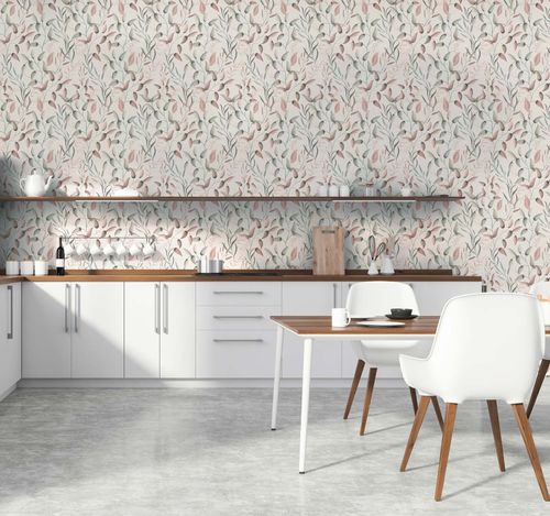 Ranken-Tapete mit Blättern Grün Rosa | B397451