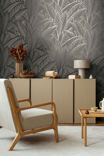 Französische Tapete Blätter Schwarz Grau | B399334