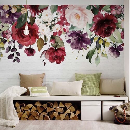 Fototapete Blumen auf Mauer Creme | 3,50 x 2,55 m