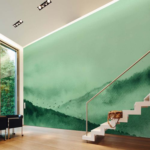 Aquarell Fototapete Berglandschaft Grün | 3,50 x 2,55 m