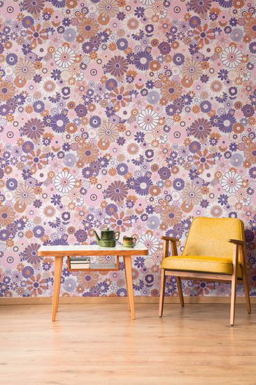 Retro-Tapete 70er Blumen Lila Orange | B395351