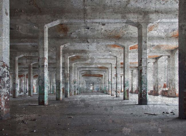 3D-Fototapete Alte Fabrik Grau | 3,50 x 2,55 m