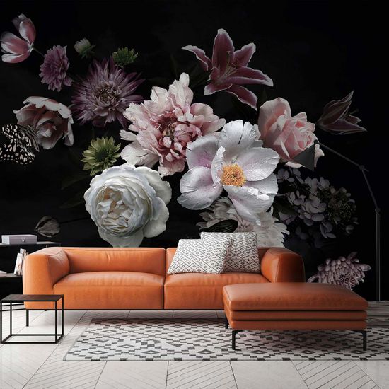 Schwarze Blumen-Tapete in 3D-Optik